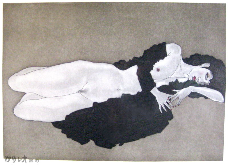 加山又造　横になる裸婦 1984 黒衣　絵画（銅版画）作品
